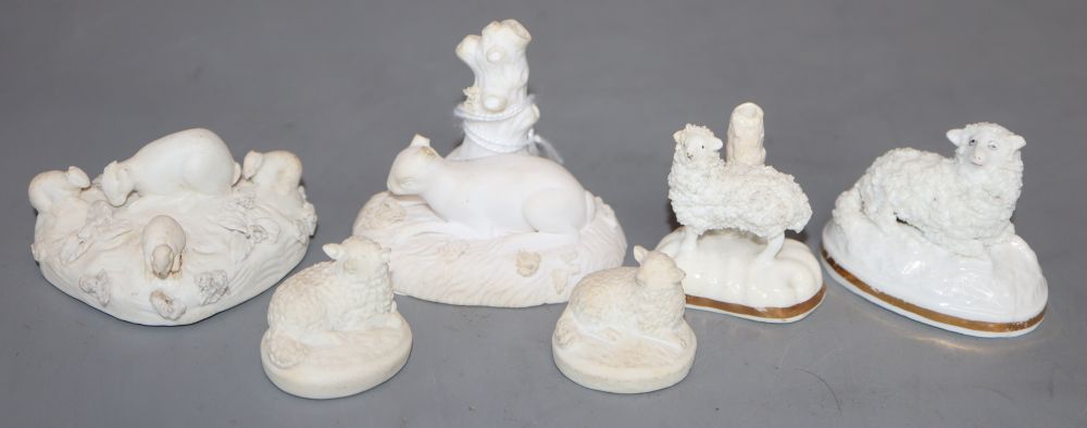 Six English porcelain toy figures of rabbits and sheep, c.1810-50, L. 3 - 6.5cm